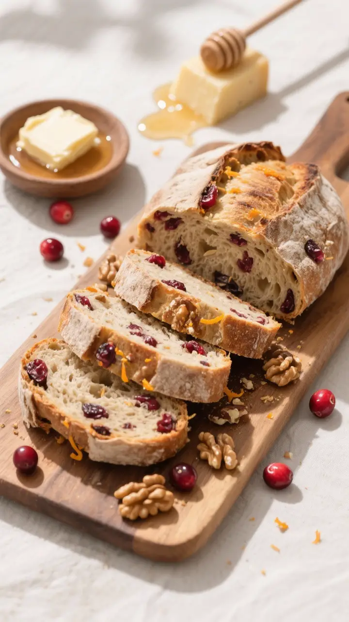 Final dish presentation: Sliced cranberry walnut sourdough arranged on a wooden board for serving, a