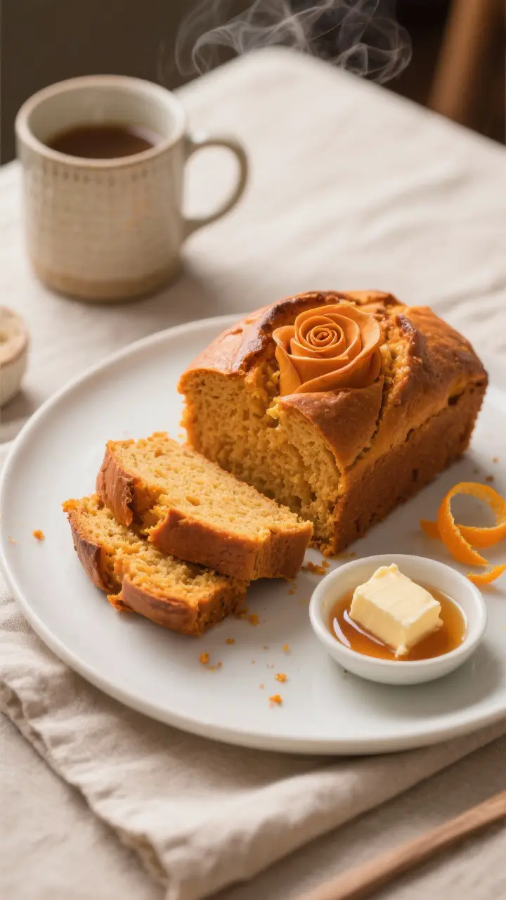Final dish presentation: Sliced Pumpkin Rose Bread on a matte white platter, one petal pulled apart