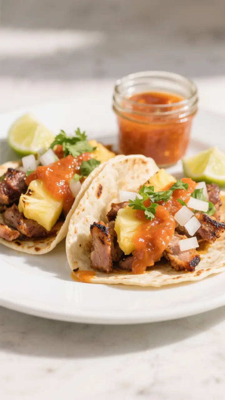 Final dish presentation: Street-style tacos al pastor on a simple white plate, generously spooned wi