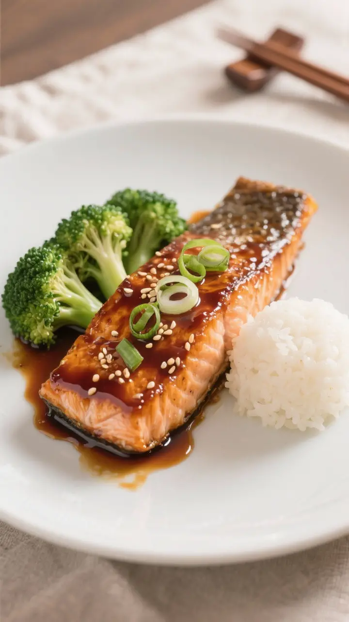 Final dish presentation: Teriyaki salmon fillet just glazed and set on a matte white plate, carameli
