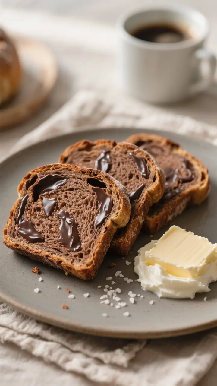 Final dish presentation: Thick slices of chocolate sourdough arranged on a matte ceramic plate, tend