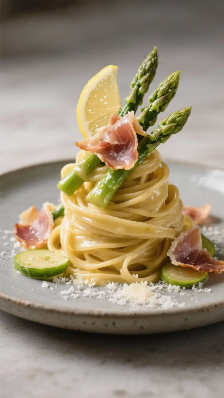 Final dish restaurant presentation: Beauty plate of asparagus and prosciutto pasta on a matte stonew
