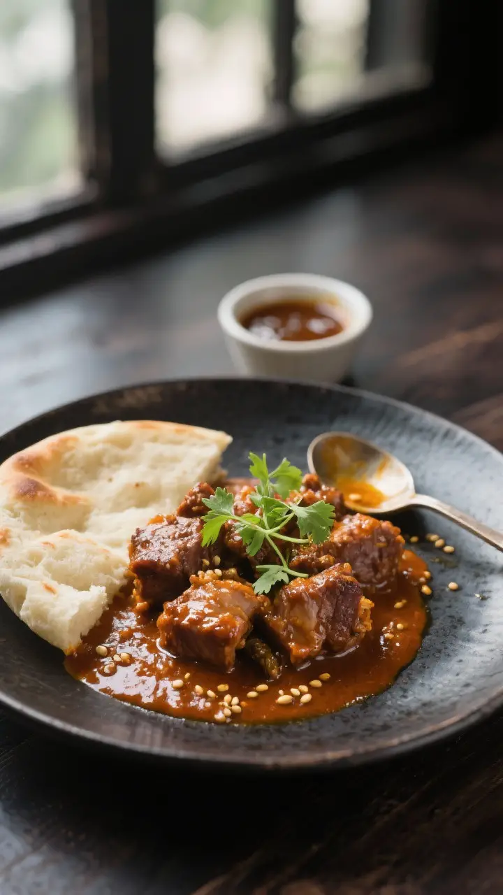 Final dish — restaurant-quality plating: Beautifully plated Pork Vindaloo on a dark ceramic plate,