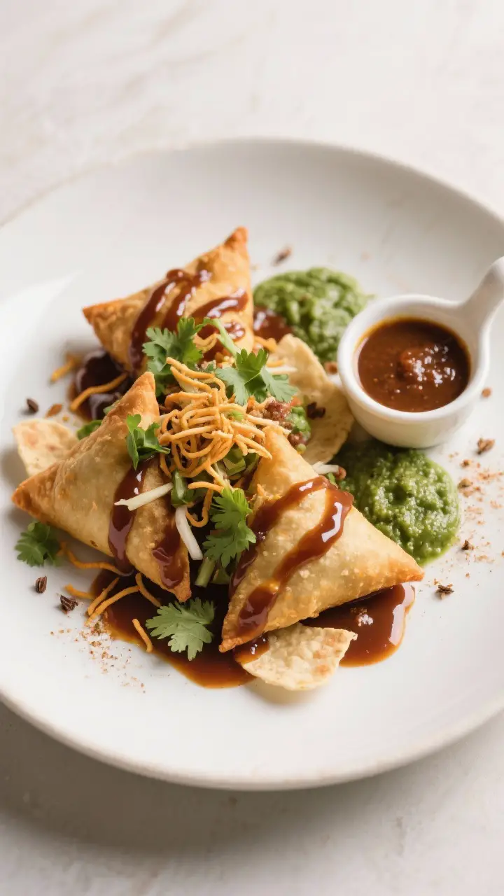 Final dish: Restaurant-style presentation of samosa chaat drizzled generously with the tamarind date