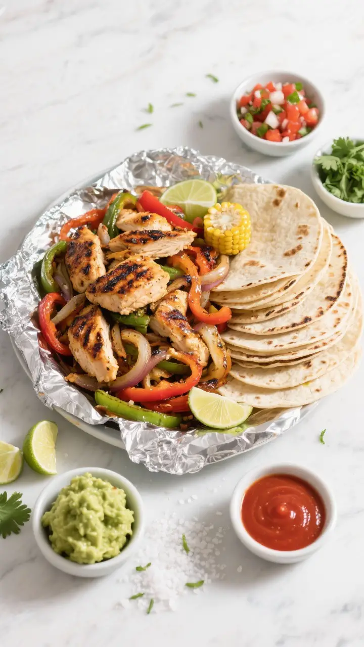 Final dish, tasty top view: Overhead platter presentation of cooked chicken fajitas arranged family-