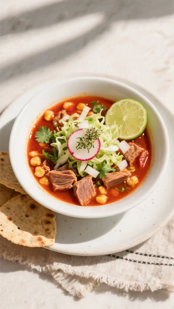 Final dish, tasty top view: Overhead shot of a finished bowl of pozole rojo, generously topped with