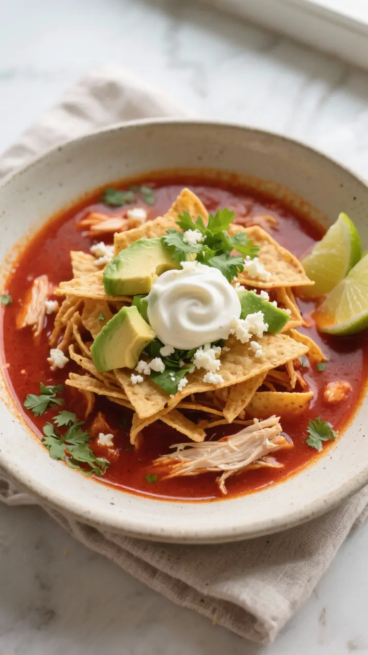 Final dish, tasty top view: Overhead shot of a plated bowl of Sopa Azteca—crimson broth poured ove