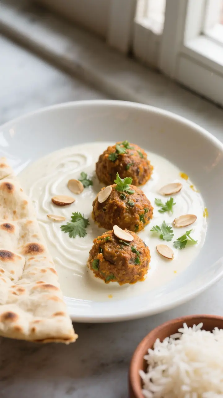 Final dish, tasty top view: Overhead shot of malai kofta plated in a low, wide white bowl—three ko