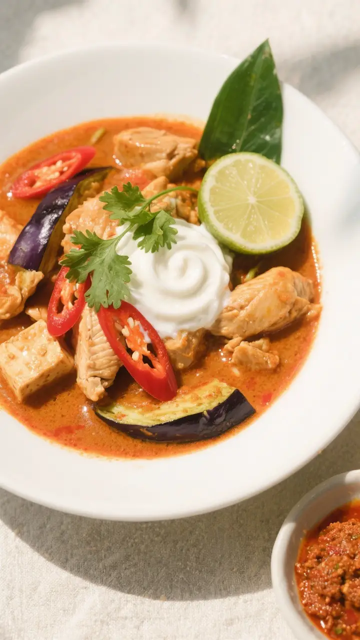 Final dish top-down: Overhead shot of a finished red curry made with the paste—creamy coconut brot