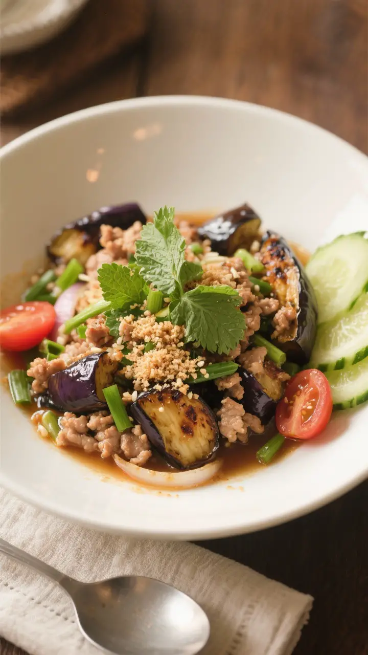 Final dish top view: Overhead shot of Yum Makua Yao plated on a wide white bowl—smoky grilled eggp