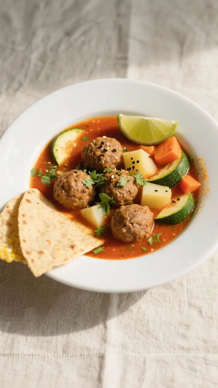 Final dish top view: Restaurant-quality bowl of Albondigas Soup, overhead shot showing 3–4 meatbal