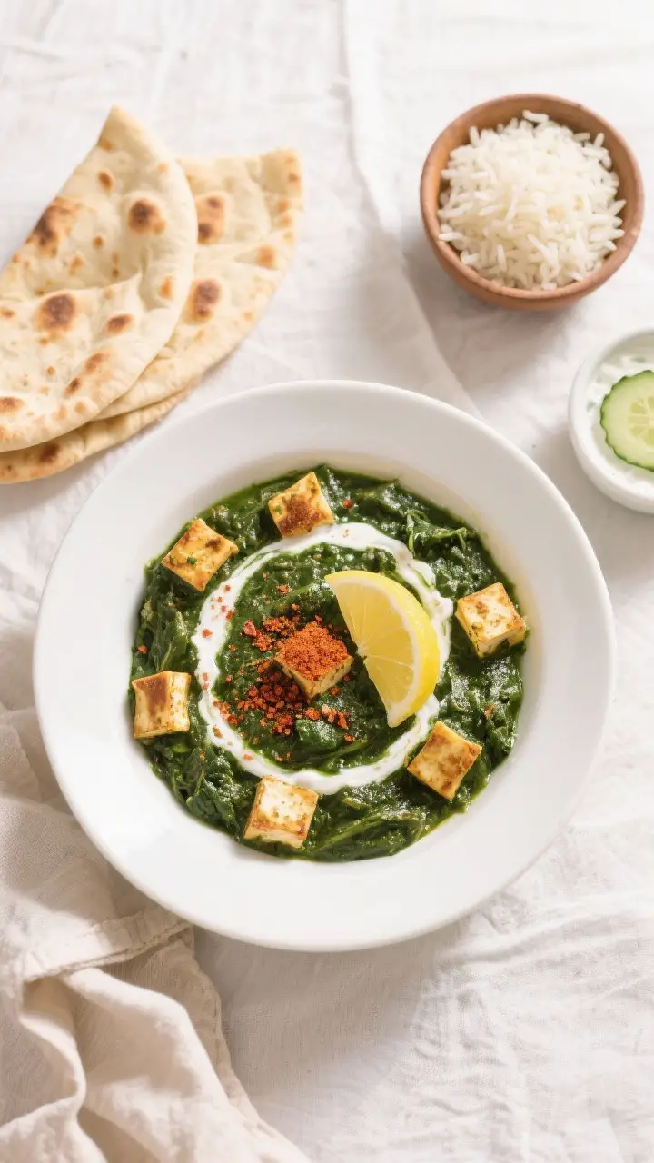 Final dish top view — Saag Paneer plated with accompaniments: overhead shot of a shallow white bow