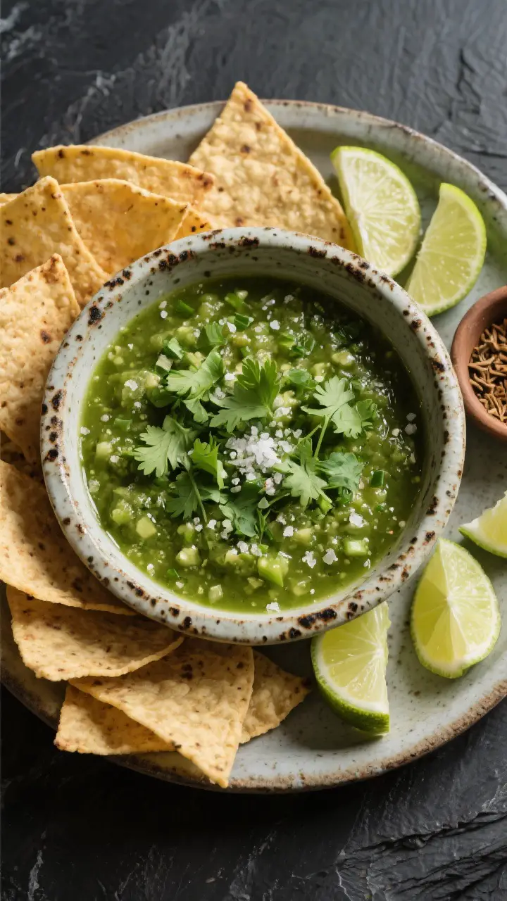Final dish top view: Tasty overhead shot of finished Salsa Verde in a rustic stoneware bowl, vivid b