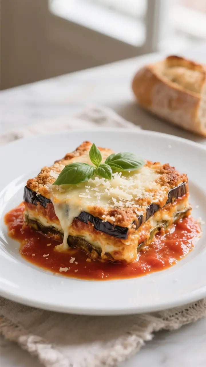 Final plated beauty: A tidy square slice of Eggplant Parmigiana on a white ceramic plate, clean stra