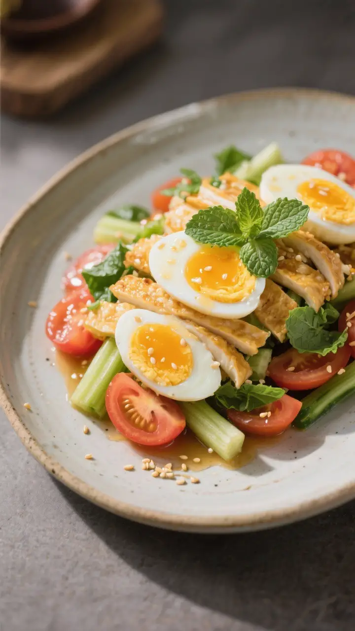 Final plated beauty: Restaurant-quality presentation of Yum Kai Dao as a warm salad on a shallow cer