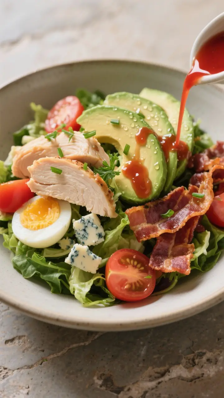 Final plated beauty: Restaurant-quality single-serve bowl of Cobb Salad with Avocado, greens lightly