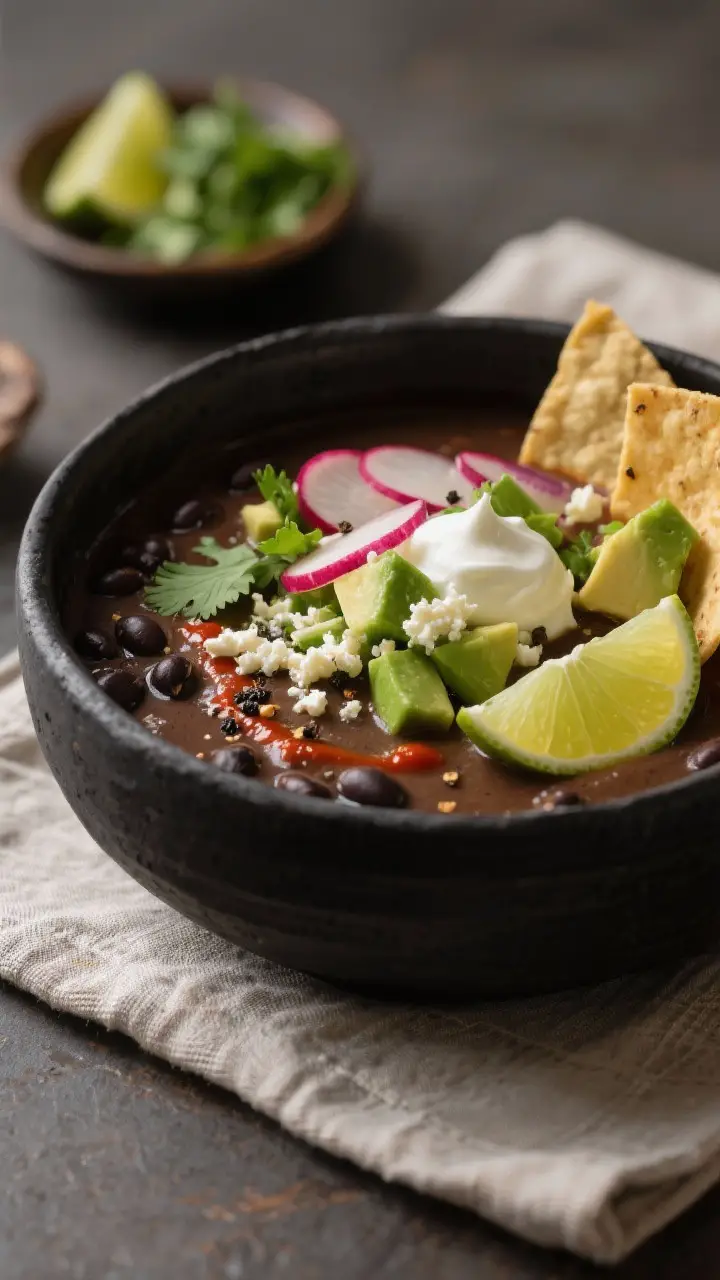 Final plated bowl, : A deep charcoal ceramic bowl filled with velvety Mexican black bean soup, toppe