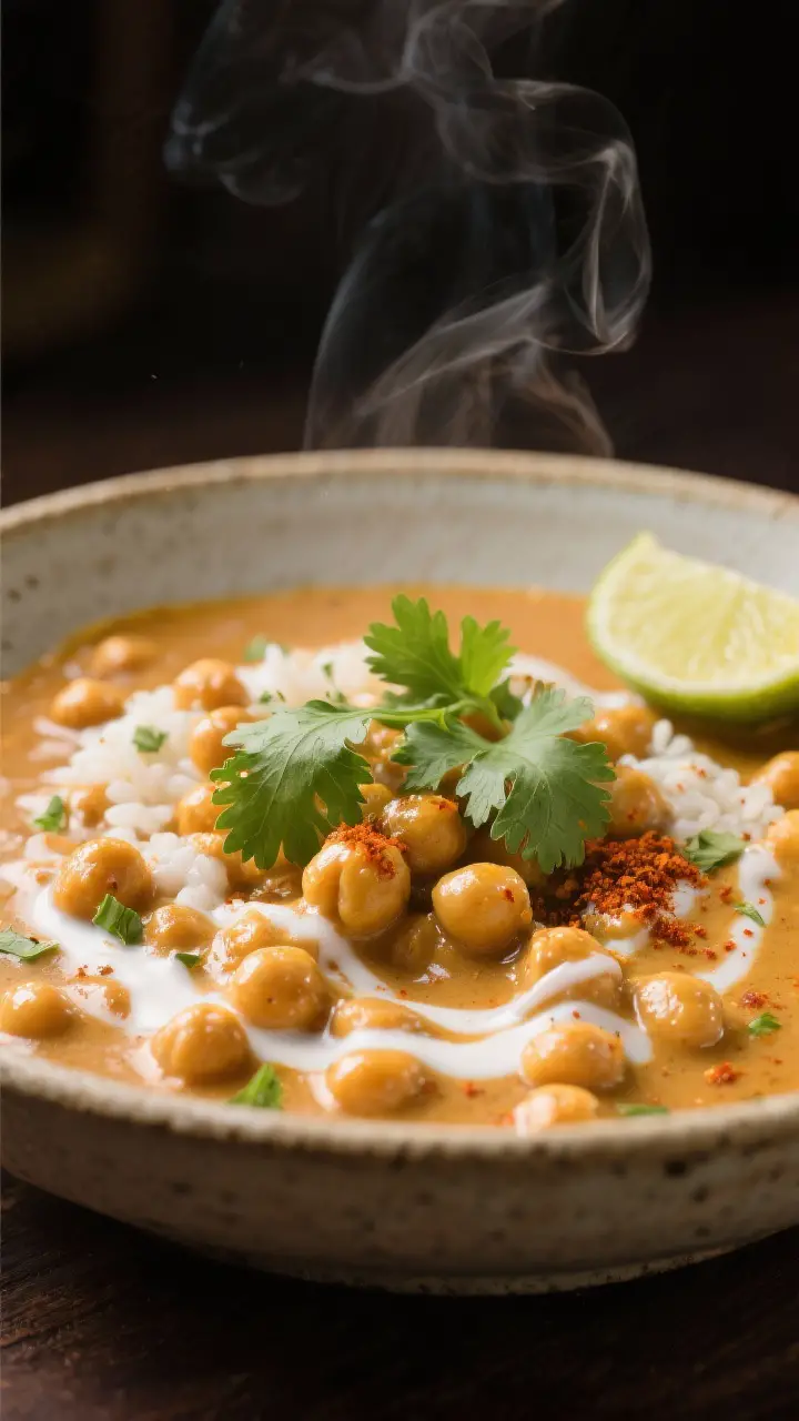 Final plated detail: Close-up beauty shot of the finished chickpea curry without rice, presented in