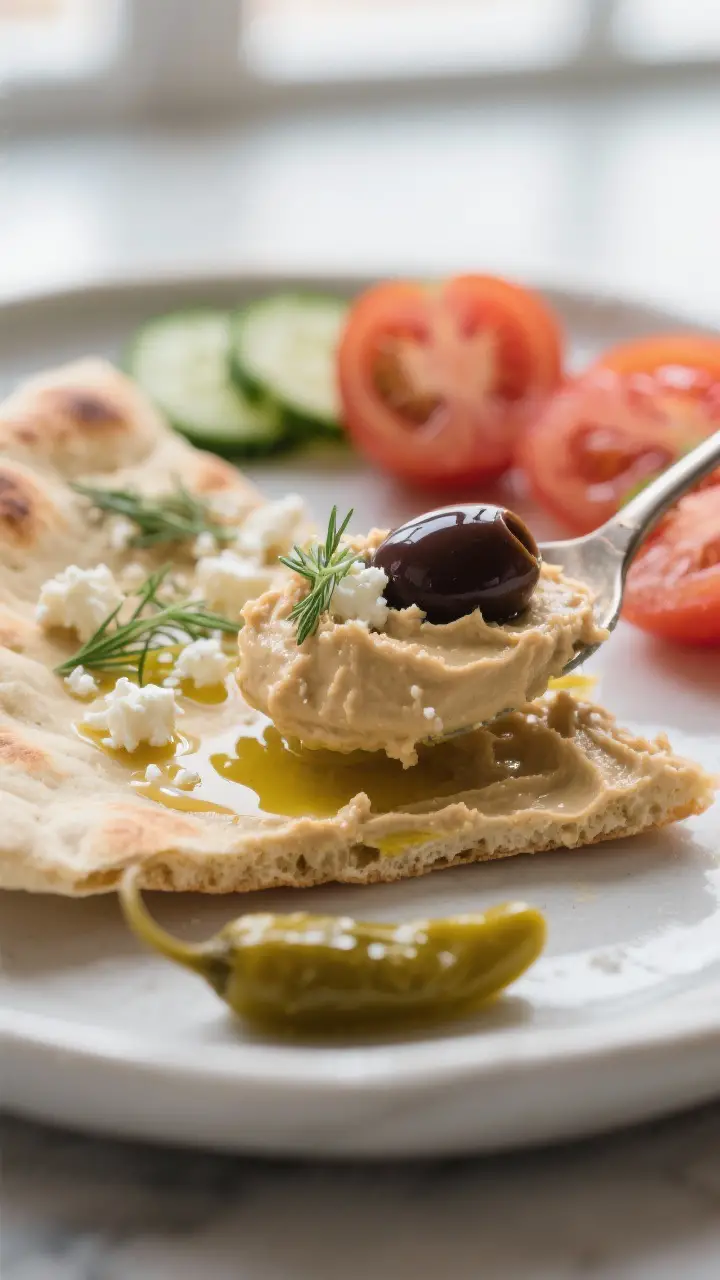 Final plated detail: Close-up of a pita wedge scooping into the hummus swoosh, showing velvety textu