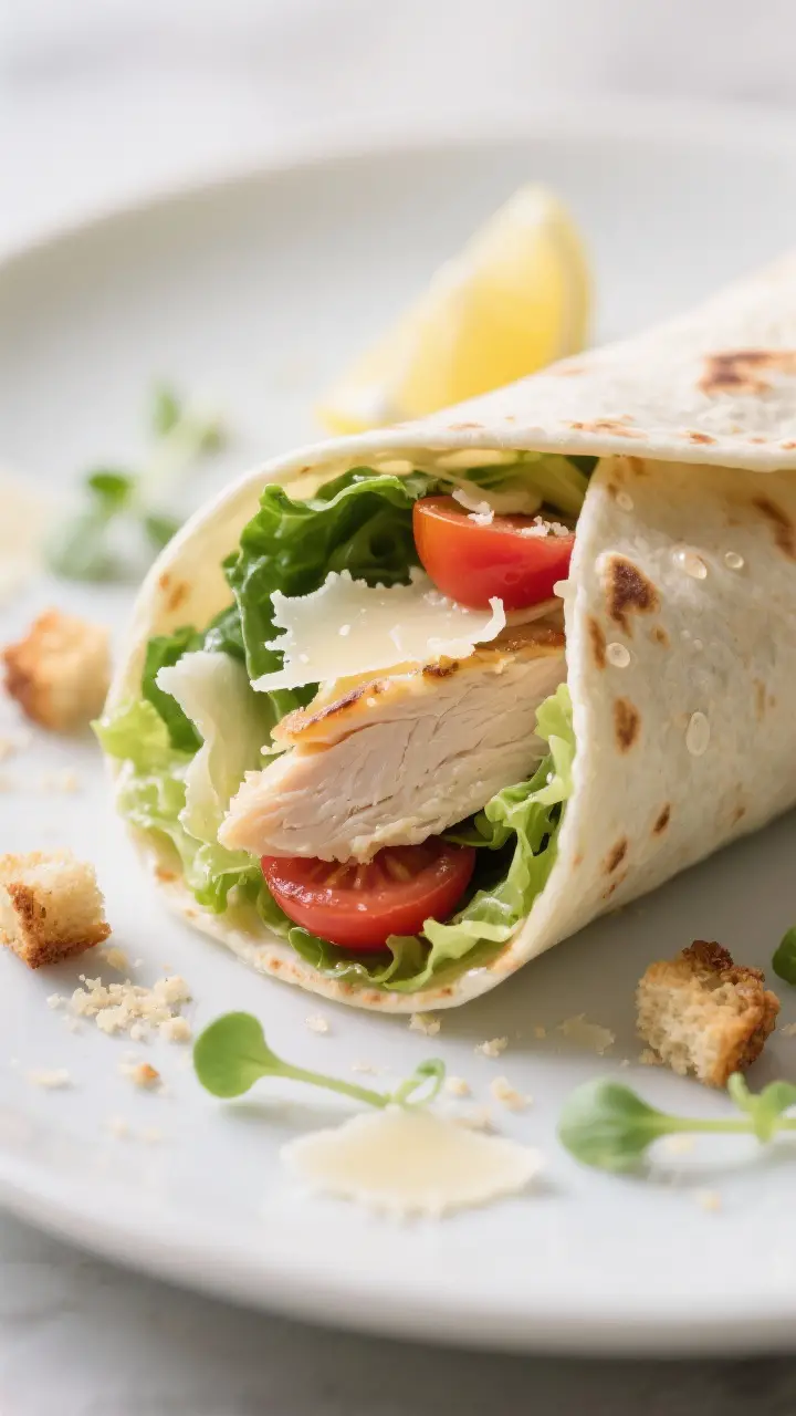 Final plated detail: Macro close-up of the wrap cross-section showing layers—tender chicken, vibra