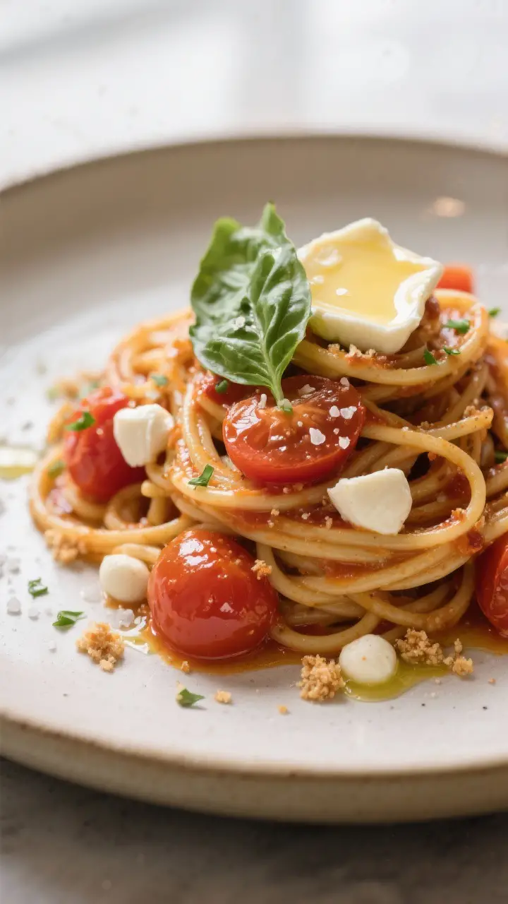 Final plated detail: Restaurant-quality presentation of bucatini with a caprese twist variation—wa