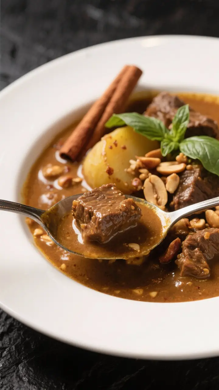 Final plated detail shot: Restaurant-style presentation of Massaman curry served family-style in a l