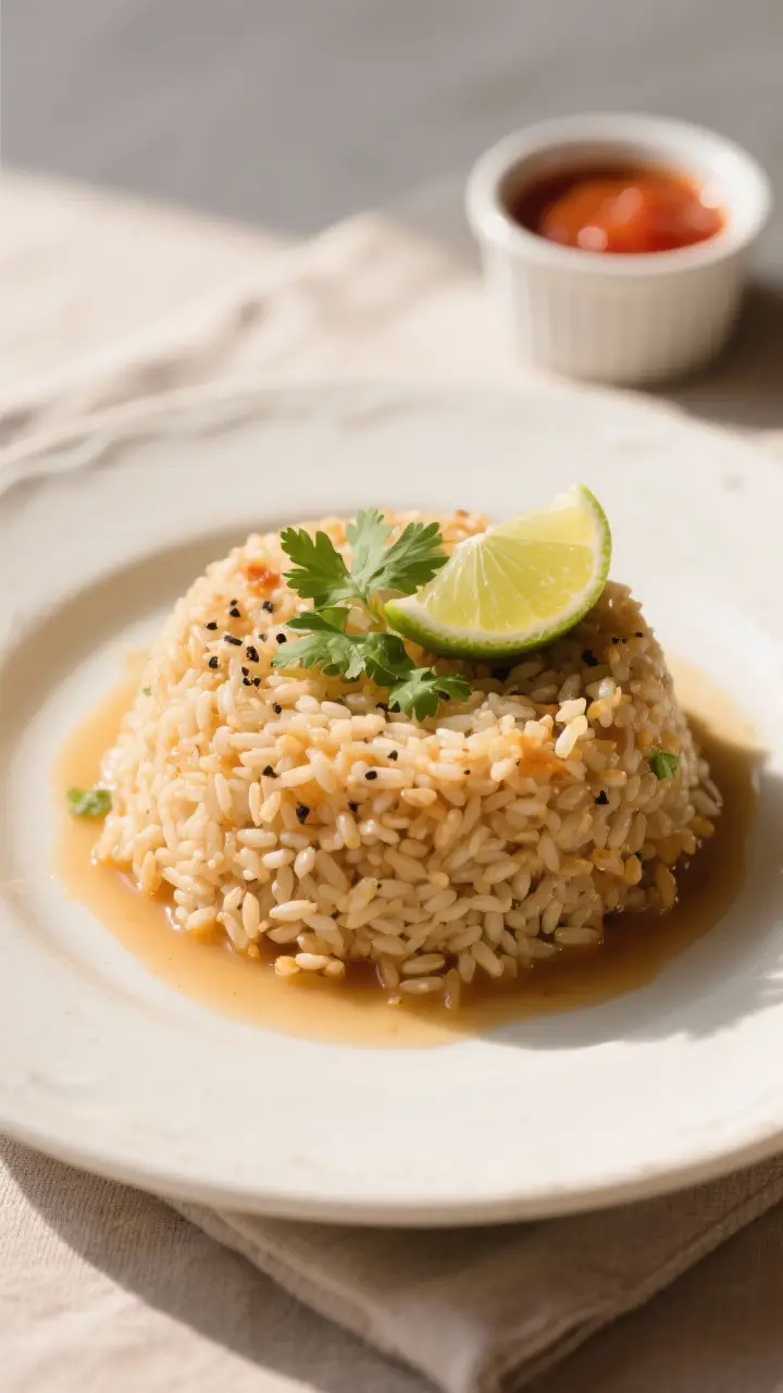 Final plated dish: Beautifully plated Mexican rice molded into a neat mound on a warm white ceramic 