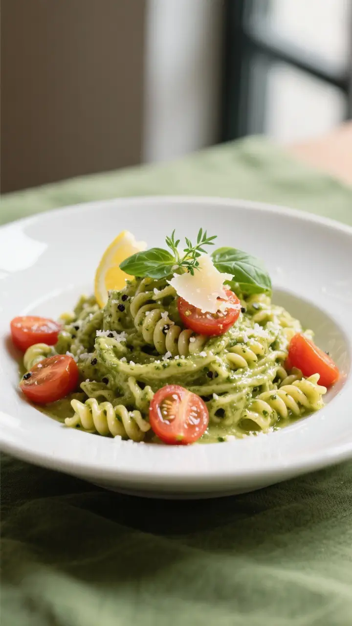 Final plated dish beauty: Creamy pesto pasta (fusilli) twirled into a neat mound on a matte white sh