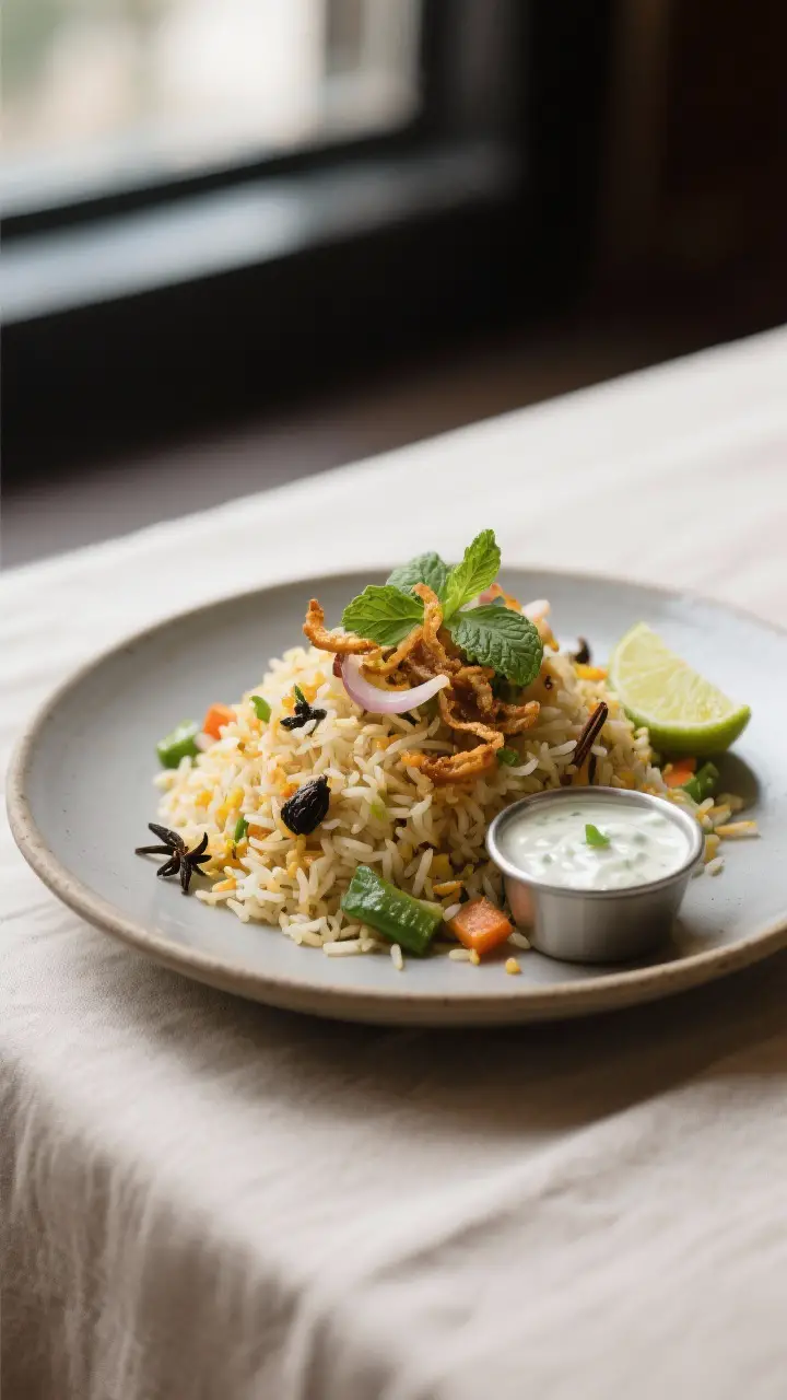 Final plated dish beauty: Elegantly plated vegetable biryani with the house biryani masala—mounded