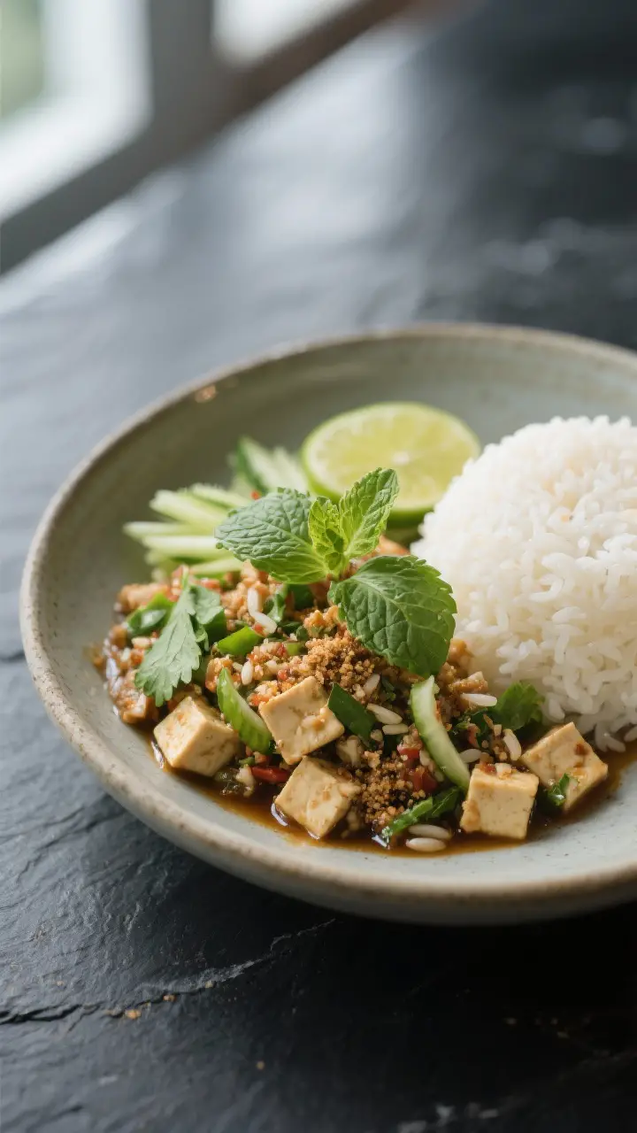 Final plated dish beauty: Restaurant-quality bowl of larb tofu served alongside a neat mound of stea