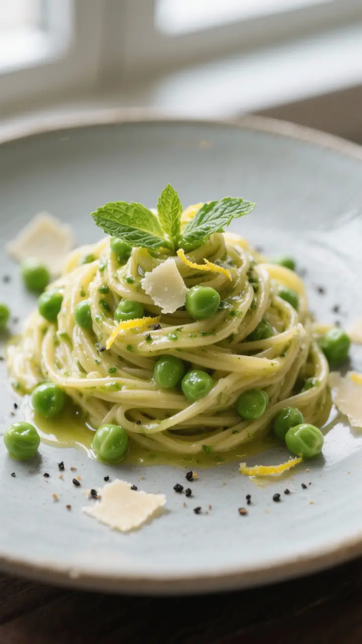 Final plated dish, close-up detail: Restaurant-quality plating of Pea and Mint Pasta twirled into a 
