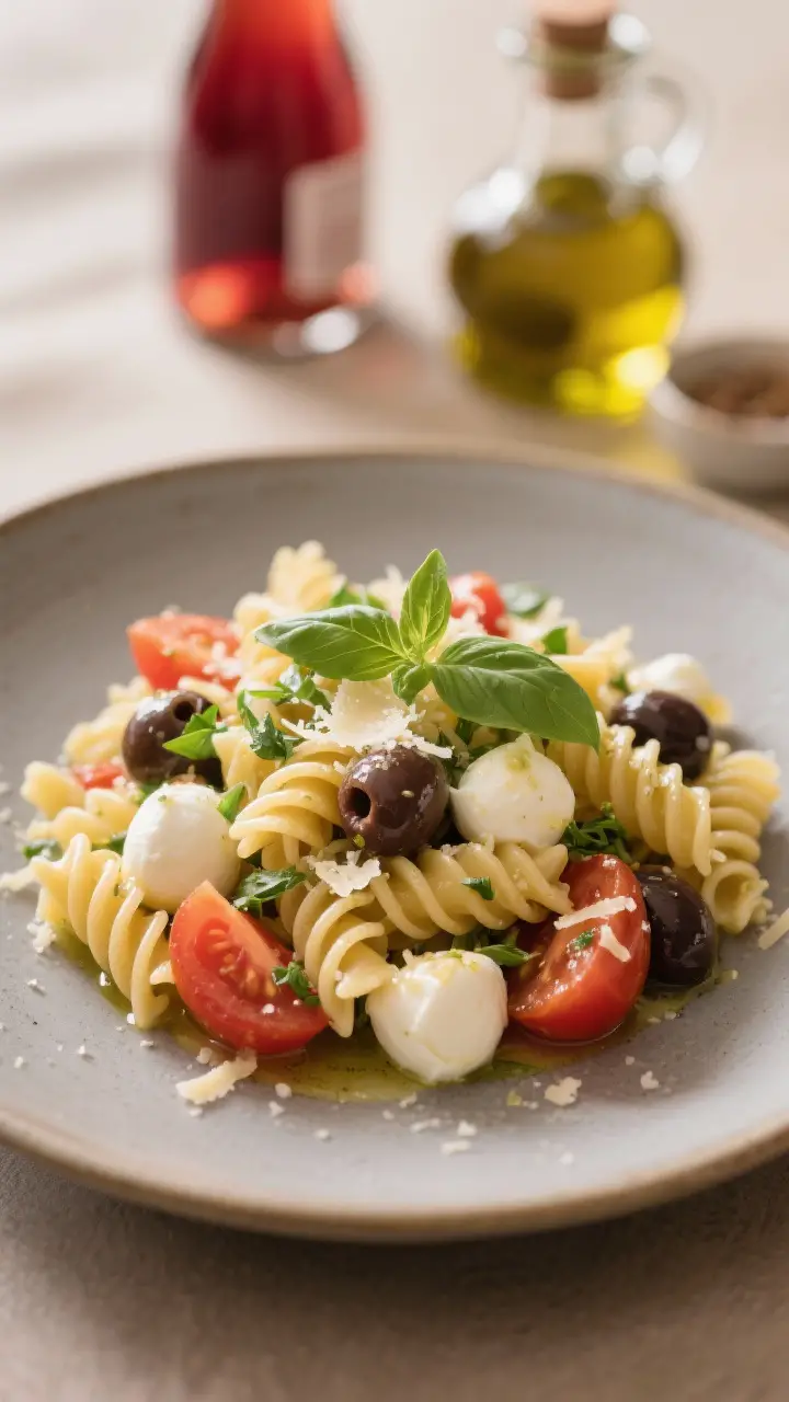 Final plated dish, close-up detail: Restaurant-quality individual serving of the pasta salad on a ma