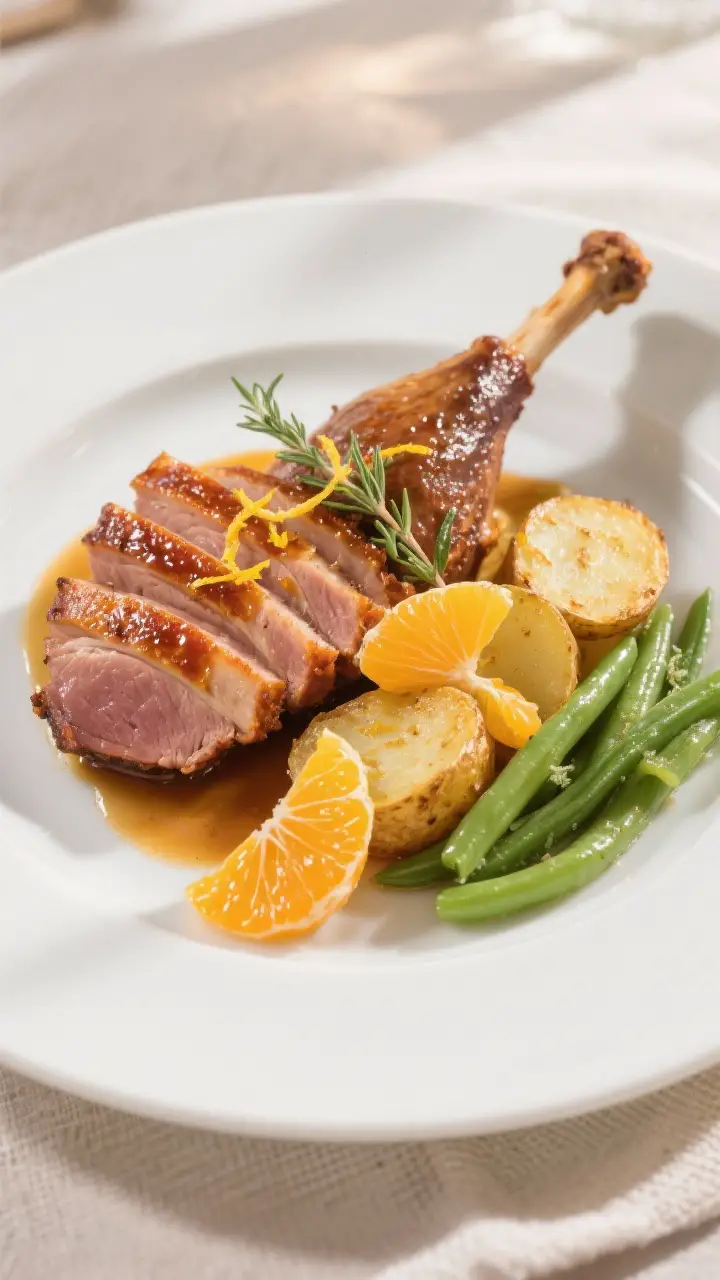 Final plated dish: Elegant restaurant-style plate of Duck à l’Orange—sliced duck breast fanned