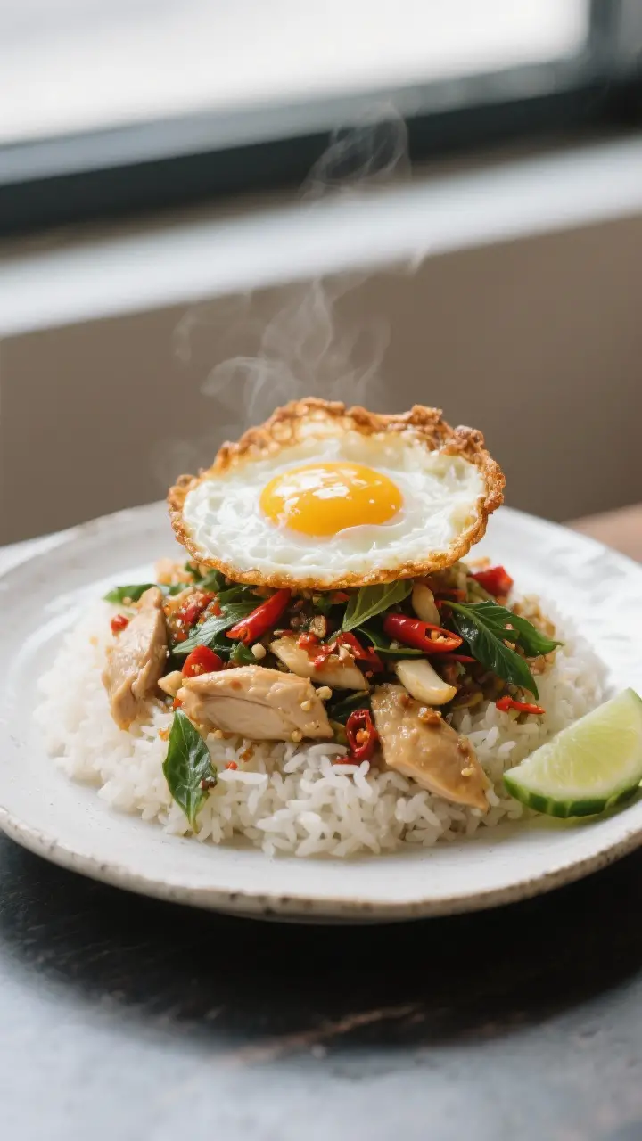 Final plated dish, hero shot: Pad Kra Pao Gai over a mound of steaming jasmine rice, topped with a T