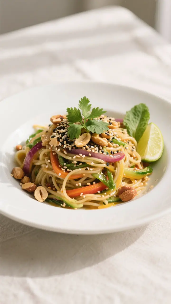 Final plated dish, overhead: Asian Sesame Pasta Salad mounded in a wide, shallow white bowl, topped 