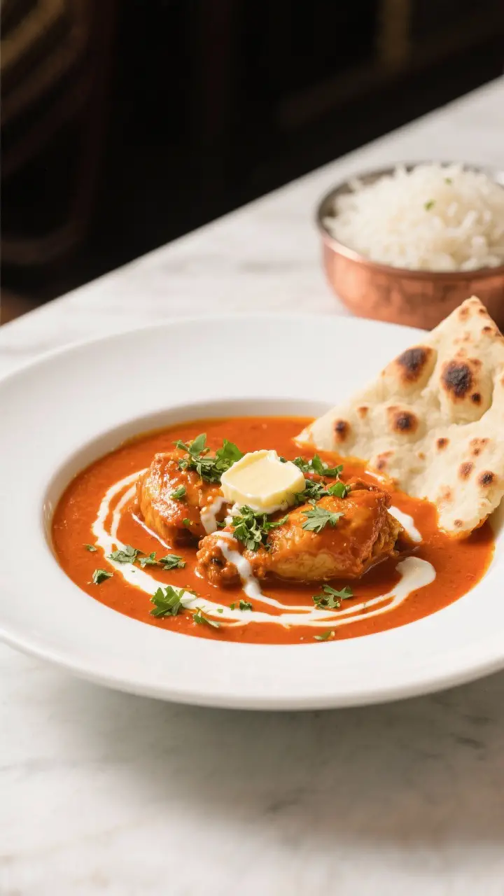 Final plated dish, restaurant presentation: Murgh Makhani plated in a wide, shallow white bowl—sil