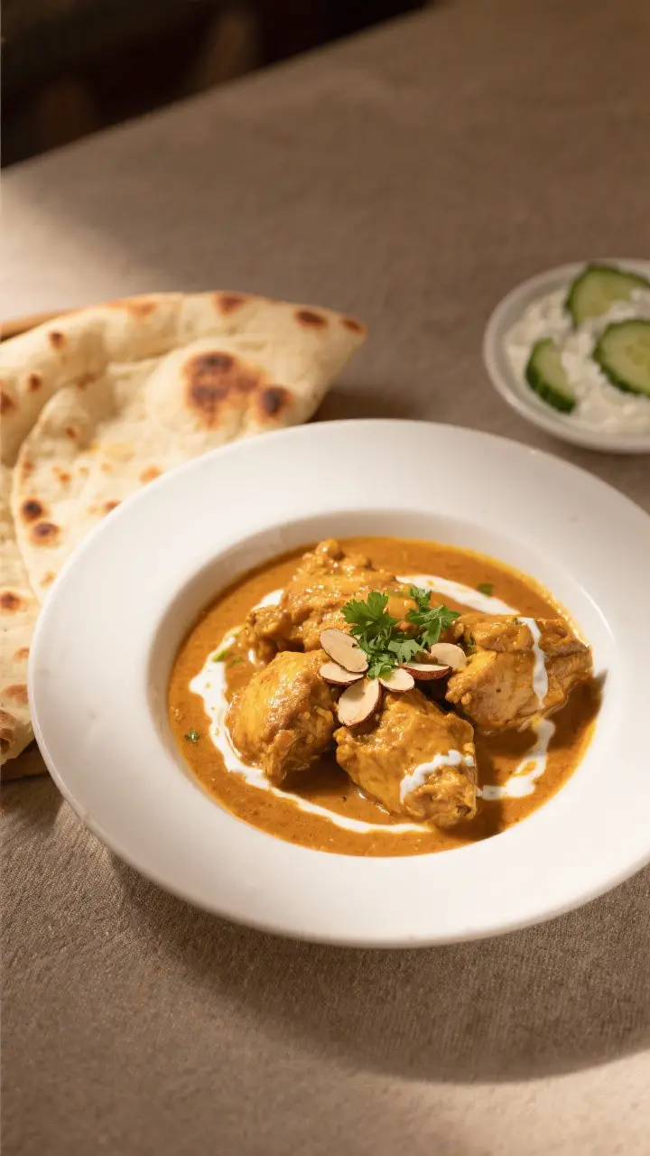 Final plated dish: Restaurant-quality chicken korma served in a shallow white bowl, sauce silky and 