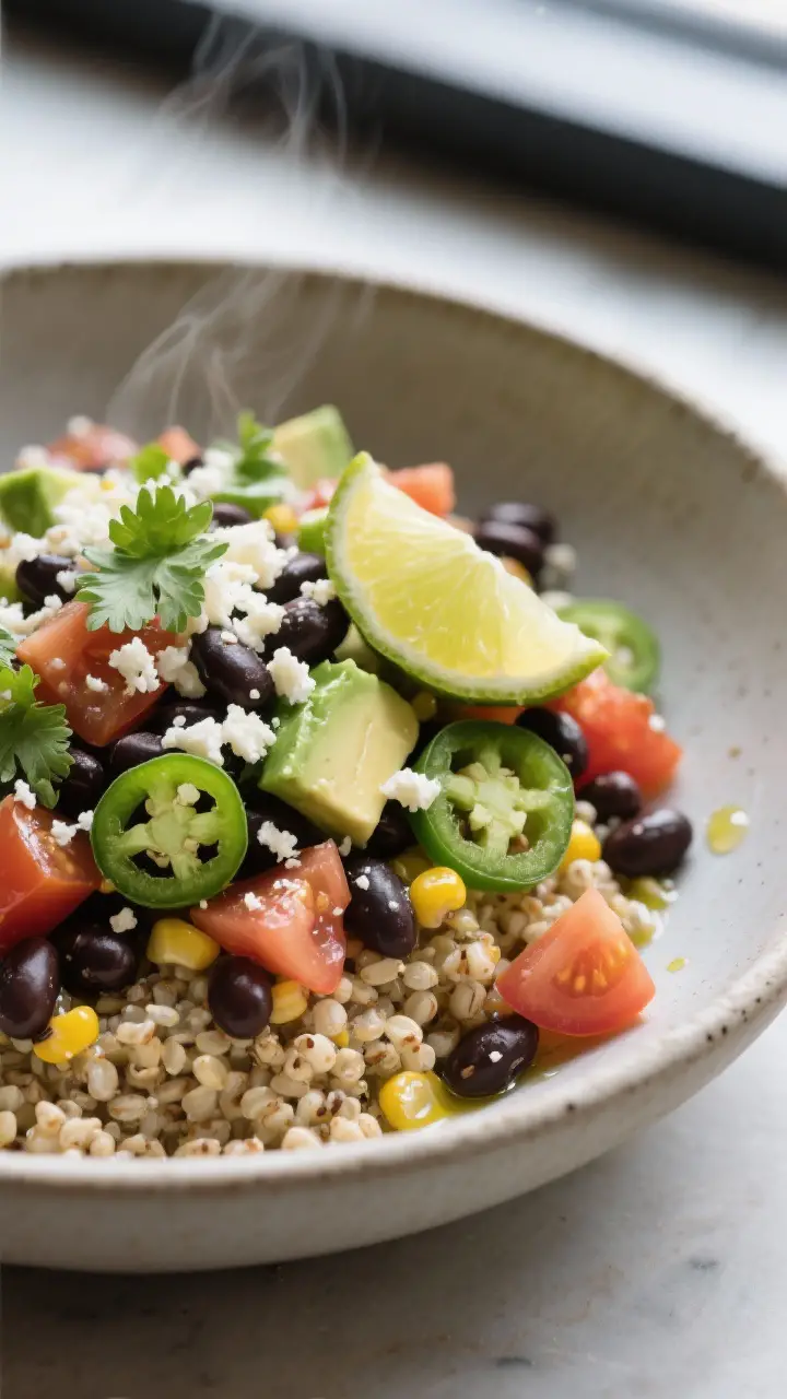 Final plated dish: Restaurant-quality close-up of a composed Southwest Black Bean Salad bowl layered