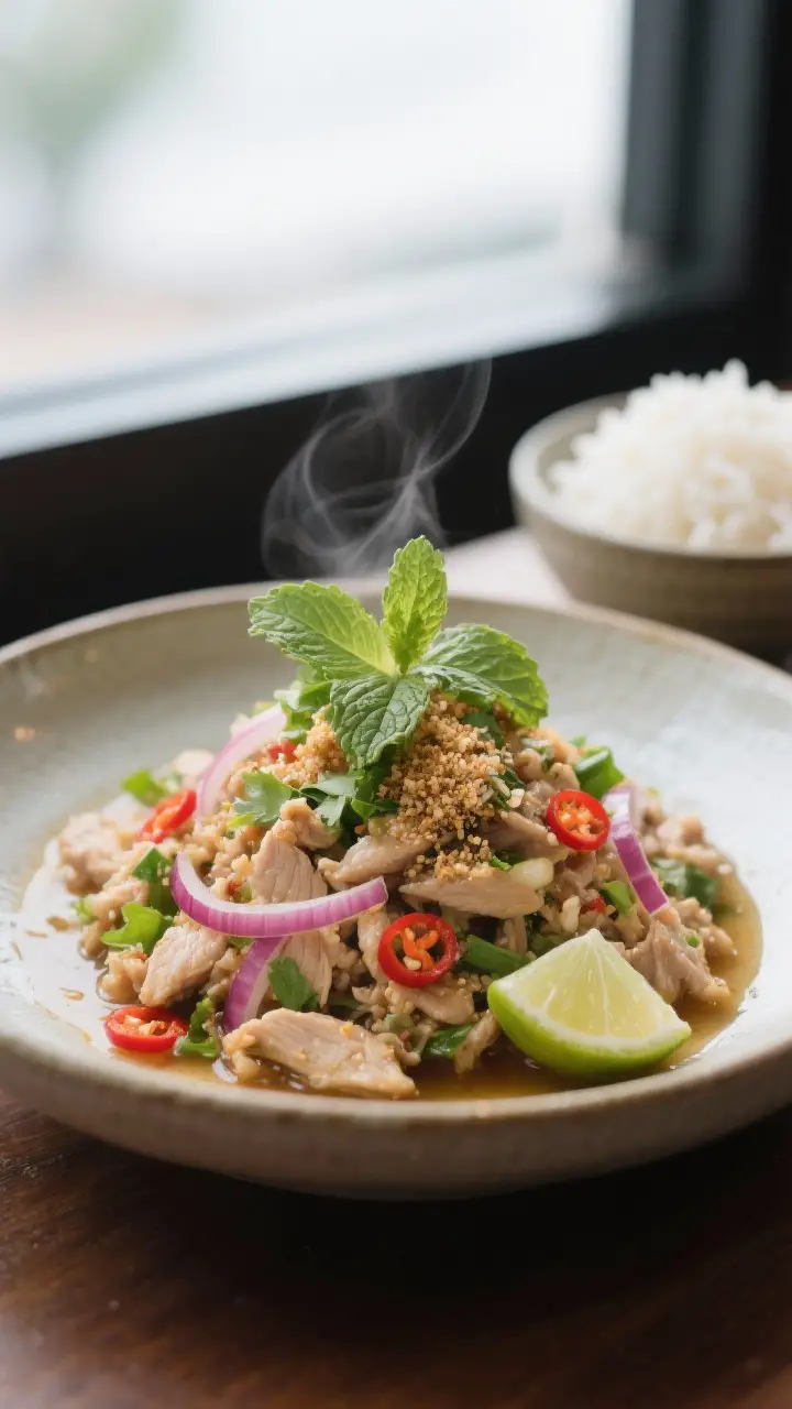 Final plated dish, restaurant-quality: Elegantly plated Larb Gai mound on a shallow ceramic bowl, mo