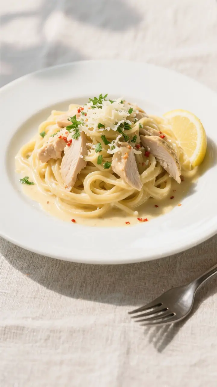 Final plated dish — Restaurant-quality presentation: beautifully twirled mound of Chicken Alfredo 