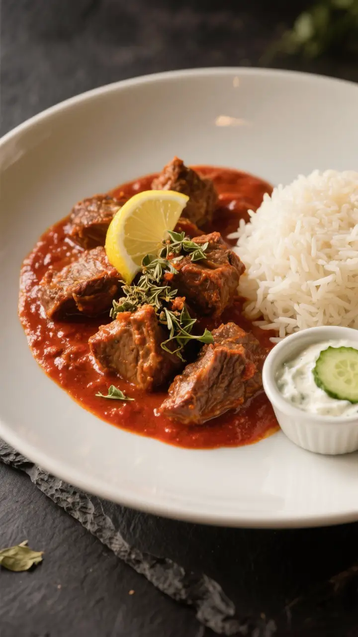 Final plated dish, restaurant-quality presentation: A shallow white bowl of Kashmiri-style Lamb Roga