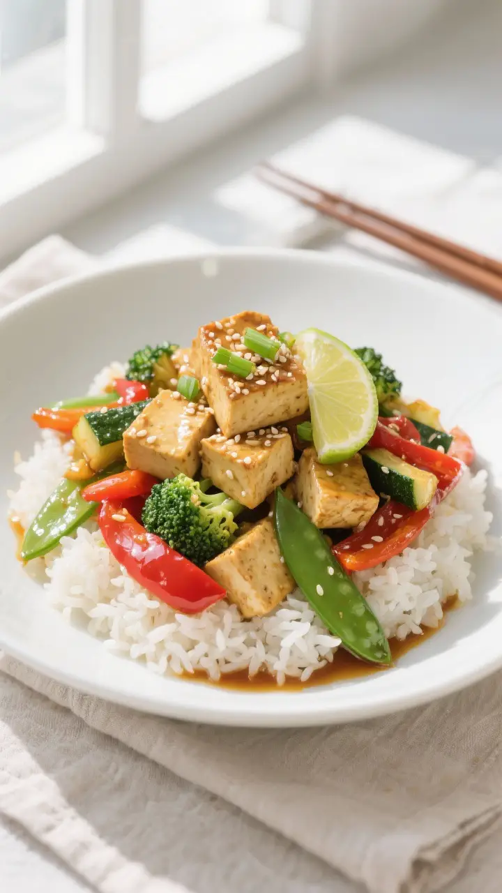 Final plated dish: Restaurant-quality presentation of Veggie Stir-Fry with Tofu over steamed jasmine
