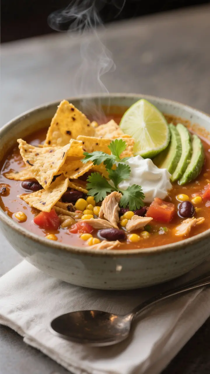 Final plated dish, restaurant-quality presentation: A deep ceramic bowl of finished chicken tortilla
