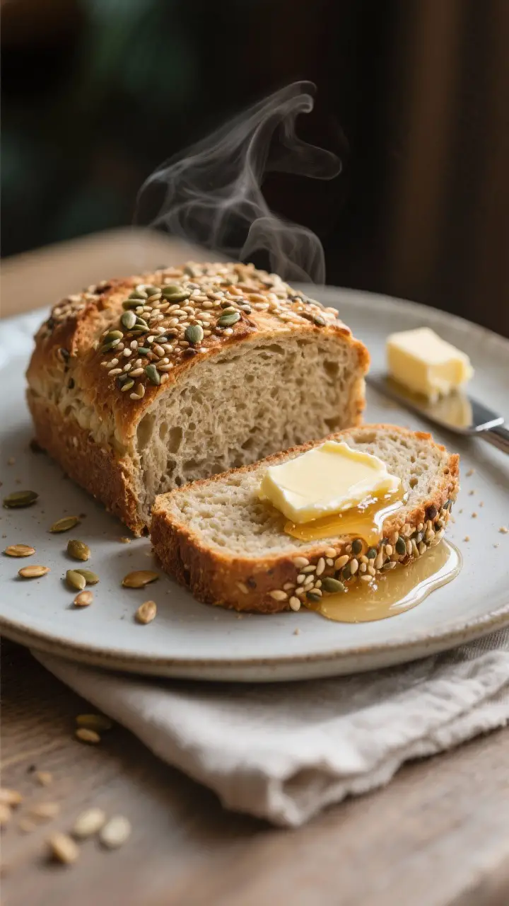Final plated dish: Restaurant-quality presentation of thick, warm slices of Baby Marrow Seed Bread o