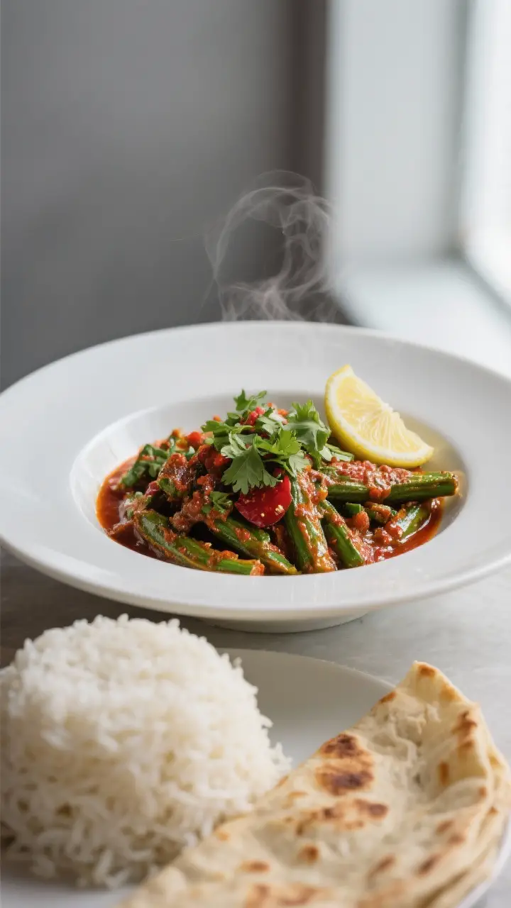 Final plated dish: Restaurant-quality presentation of bhindi masala plated in a shallow white cerami