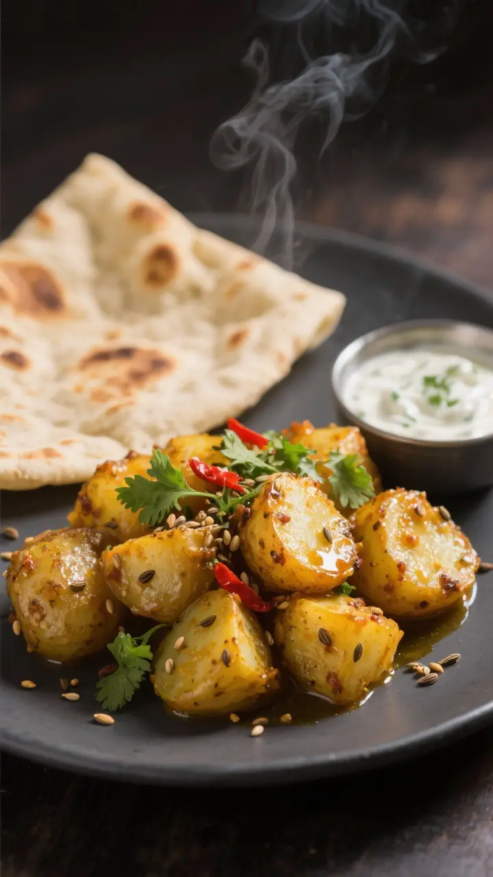 Final plated dish: Restaurant-quality presentation of Jeera Aloo plated alongside warm rotis and a s