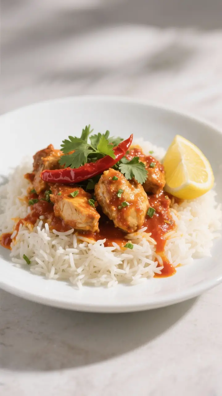 Final plated dish: Restaurant-quality presentation of Chicken Jalfrezi mounded over fluffy basmati r