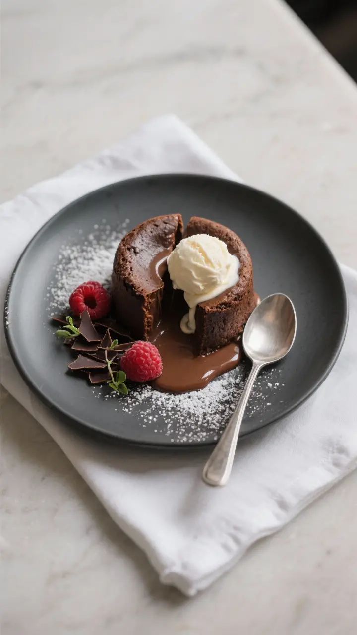 Final plated dish: Restaurant-quality presentation of a single lava cake centered on a matte charcoa