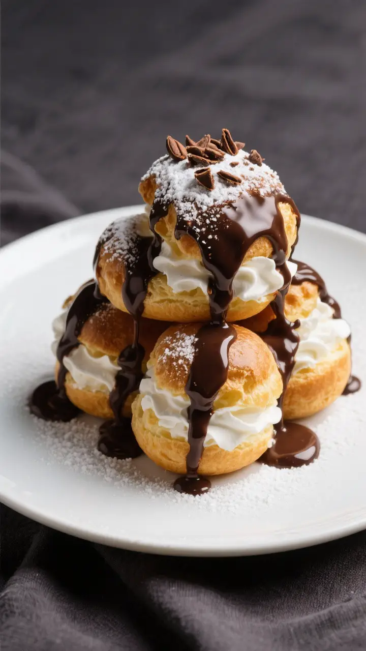 Final plated dish: Restaurant-quality presentation of a tower of profiteroles filled with cloud-soft