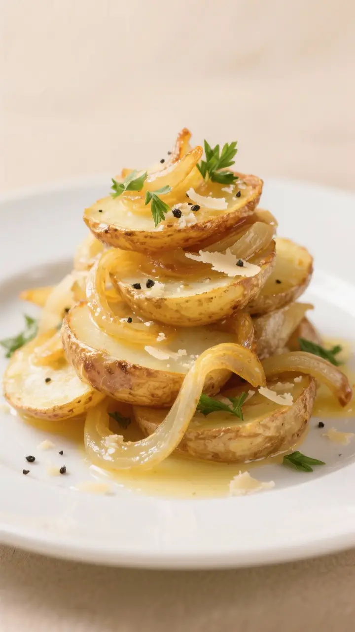 Final plated dish: Restaurant-quality presentation of Lyonnaise potatoes mounded on a warm white pla